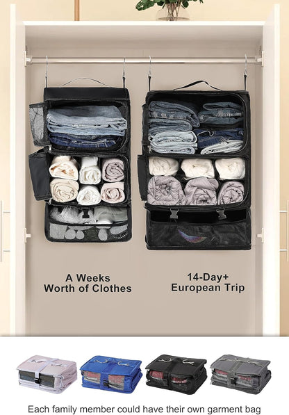 Hanging Packing Cubes Portable Closet 3-Shelf Travel Collapsible Compression Garment Organizer for Carry-on Luggage Suitcase Space Saver Bag XX-Large_No Side Pockets, Black