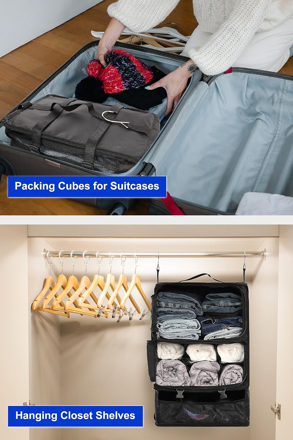 Hanging Packing Cubes Portable Closet 3-Shelf Travel Collapsible Compression Garment Organizer for Carry-on Luggage Suitcase Space Saver Bag XX-Large_No Side Pockets, Black