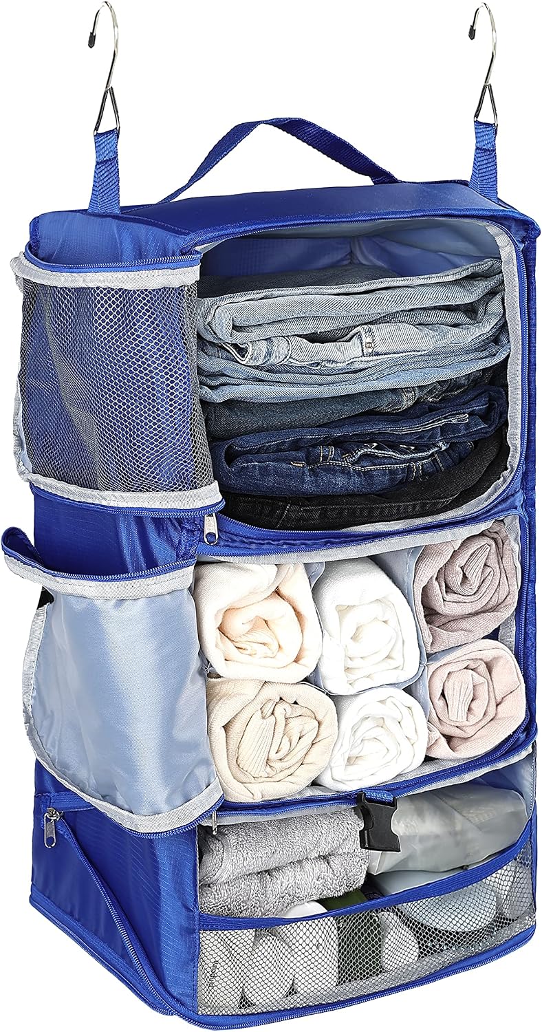 Hanging Packing Cubes Portable Closet 3-Shelf Travel Collapsible Compression Garment Organizer for Carry-on Luggage Suitcase Space Saver Bag XX-Large_No Side Pockets, Black