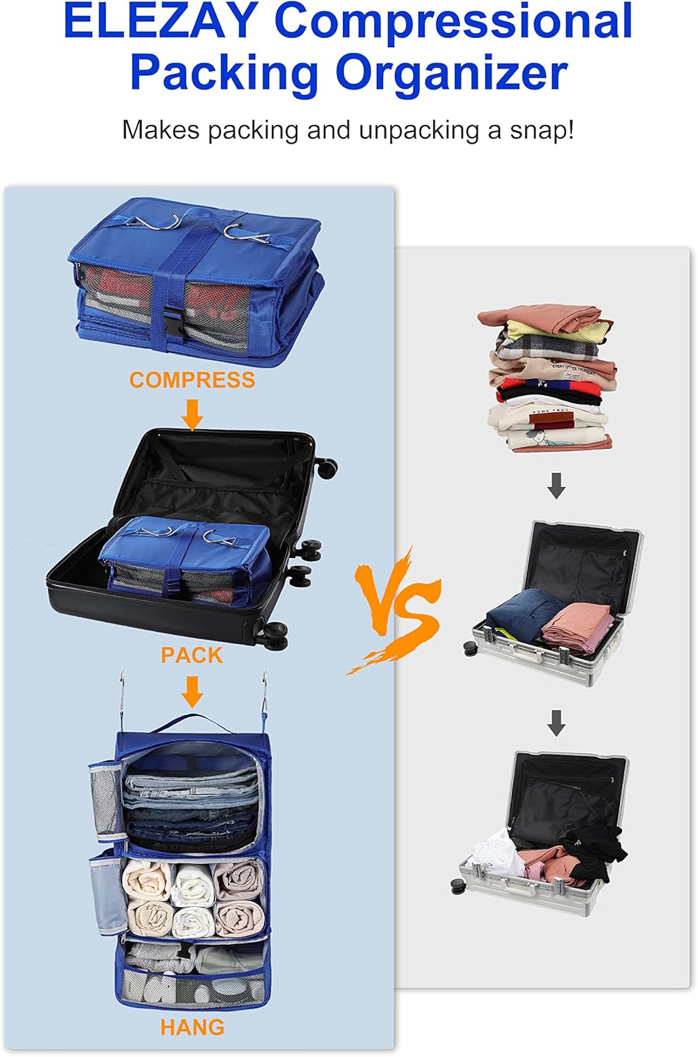 Hanging Packing Cubes Portable Closet 3-Shelf Travel Collapsible Compression Garment Organizer for Carry-on Luggage Suitcase Space Saver Bag XX-Large_No Side Pockets, Black