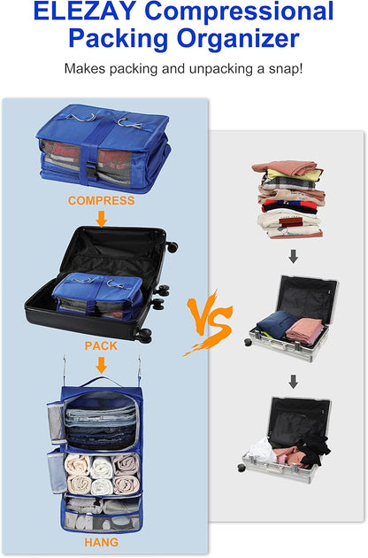 Hanging Packing Cubes Portable Closet 3-Shelf Travel Collapsible Compression Garment Organizer for Carry-on Luggage Suitcase Space Saver Bag XX-Large_No Side Pockets, Black