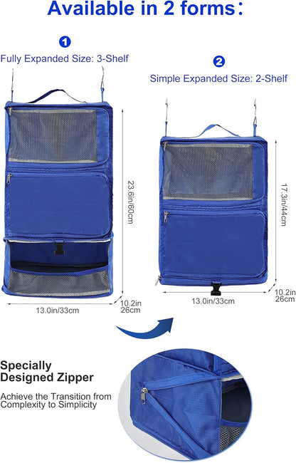 Hanging Packing Cubes Portable Closet 3-Shelf Travel Collapsible Compression Garment Organizer for Carry-on Luggage Suitcase Space Saver Bag XX-Large_No Side Pockets, Black