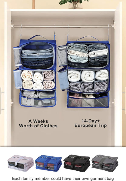 Hanging Packing Cubes Portable Closet 3-Shelf Travel Collapsible Compression Garment Organizer for Carry-on Luggage Suitcase Space Saver Bag XX-Large_No Side Pockets, Black