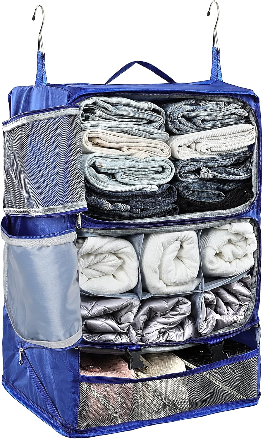 Hanging Packing Cubes Portable Closet 3-Shelf Travel Collapsible Compression Garment Organizer for Carry-on Luggage Suitcase Space Saver Bag XX-Large_No Side Pockets, Black