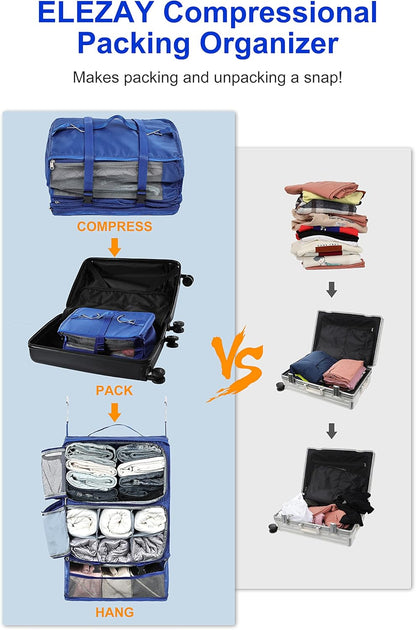 Hanging Packing Cubes Portable Closet 3-Shelf Travel Collapsible Compression Garment Organizer for Carry-on Luggage Suitcase Space Saver Bag XX-Large_No Side Pockets, Black