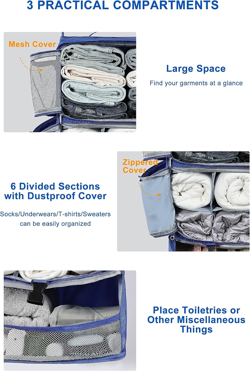 Hanging Packing Cubes Portable Closet 3-Shelf Travel Collapsible Compression Garment Organizer for Carry-on Luggage Suitcase Space Saver Bag XX-Large_No Side Pockets, Black