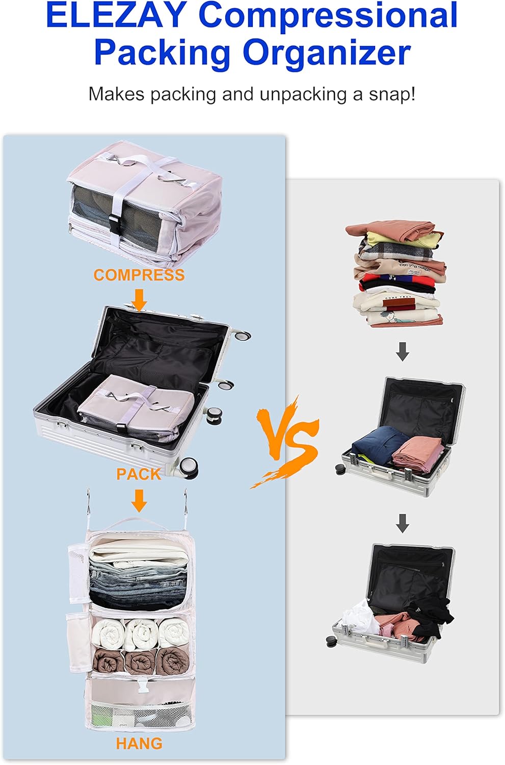 Hanging Packing Cubes Portable Closet 3-Shelf Travel Collapsible Compression Garment Organizer for Carry-on Luggage Suitcase Space Saver Bag XX-Large_No Side Pockets, Black
