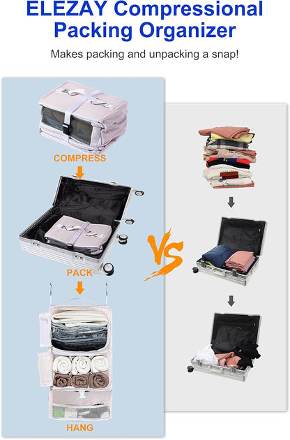 Hanging Packing Cubes Portable Closet 3-Shelf Travel Collapsible Compression Garment Organizer for Carry-on Luggage Suitcase Space Saver Bag XX-Large_No Side Pockets, Black