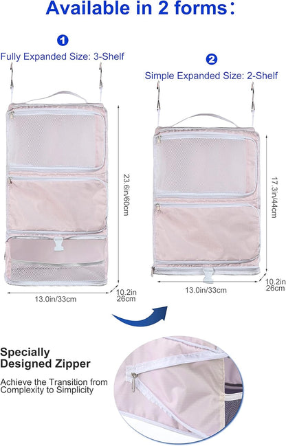 Hanging Packing Cubes Portable Closet 3-Shelf Travel Collapsible Compression Garment Organizer for Carry-on Luggage Suitcase Space Saver Bag XX-Large_No Side Pockets, Black