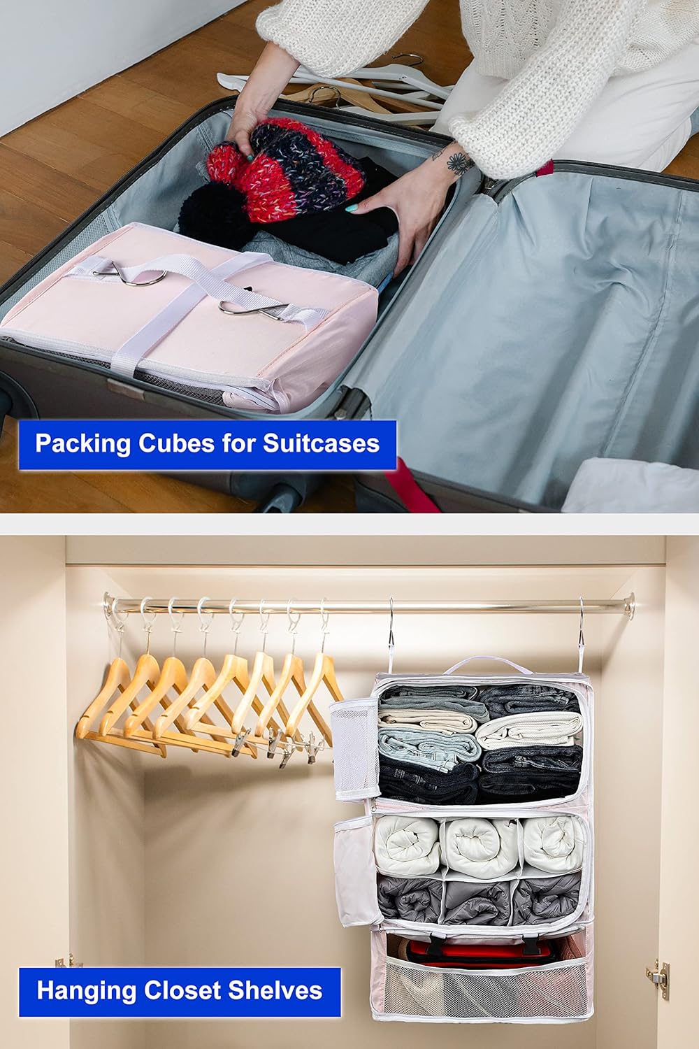 Hanging Packing Cubes Portable Closet 3-Shelf Travel Collapsible Compression Garment Organizer for Carry-on Luggage Suitcase Space Saver Bag XX-Large_No Side Pockets, Black