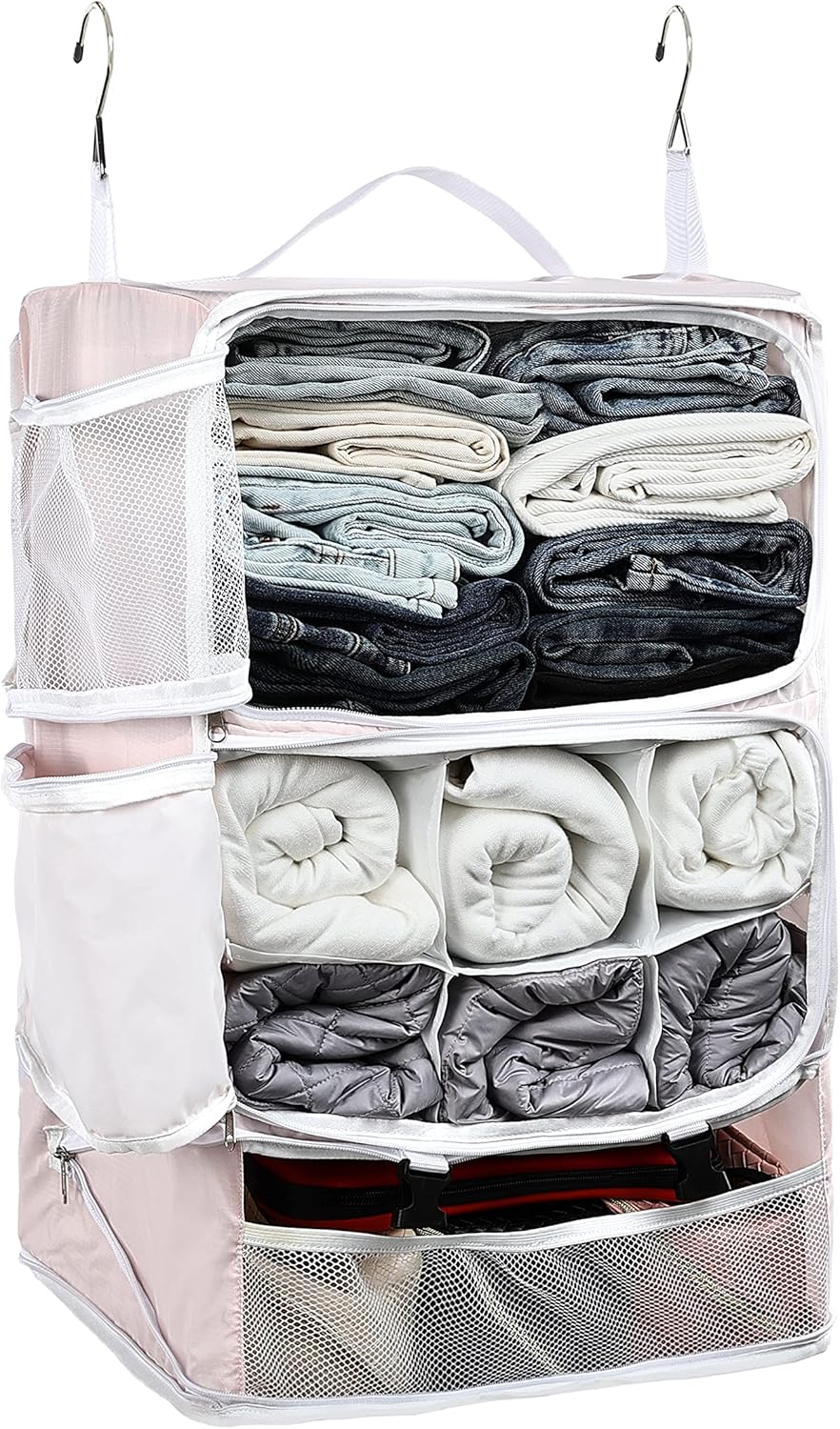 Hanging Packing Cubes Portable Closet 3-Shelf Travel Collapsible Compression Garment Organizer for Carry-on Luggage Suitcase Space Saver Bag XX-Large_No Side Pockets, Black