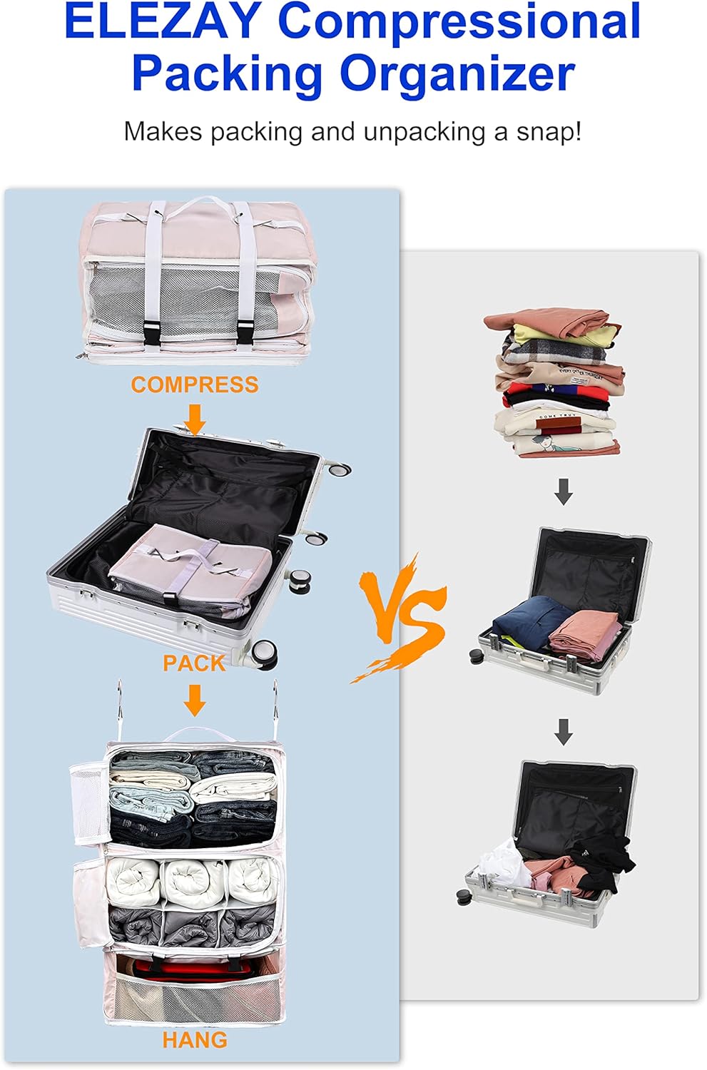 Hanging Packing Cubes Portable Closet 3-Shelf Travel Collapsible Compression Garment Organizer for Carry-on Luggage Suitcase Space Saver Bag XX-Large_No Side Pockets, Black