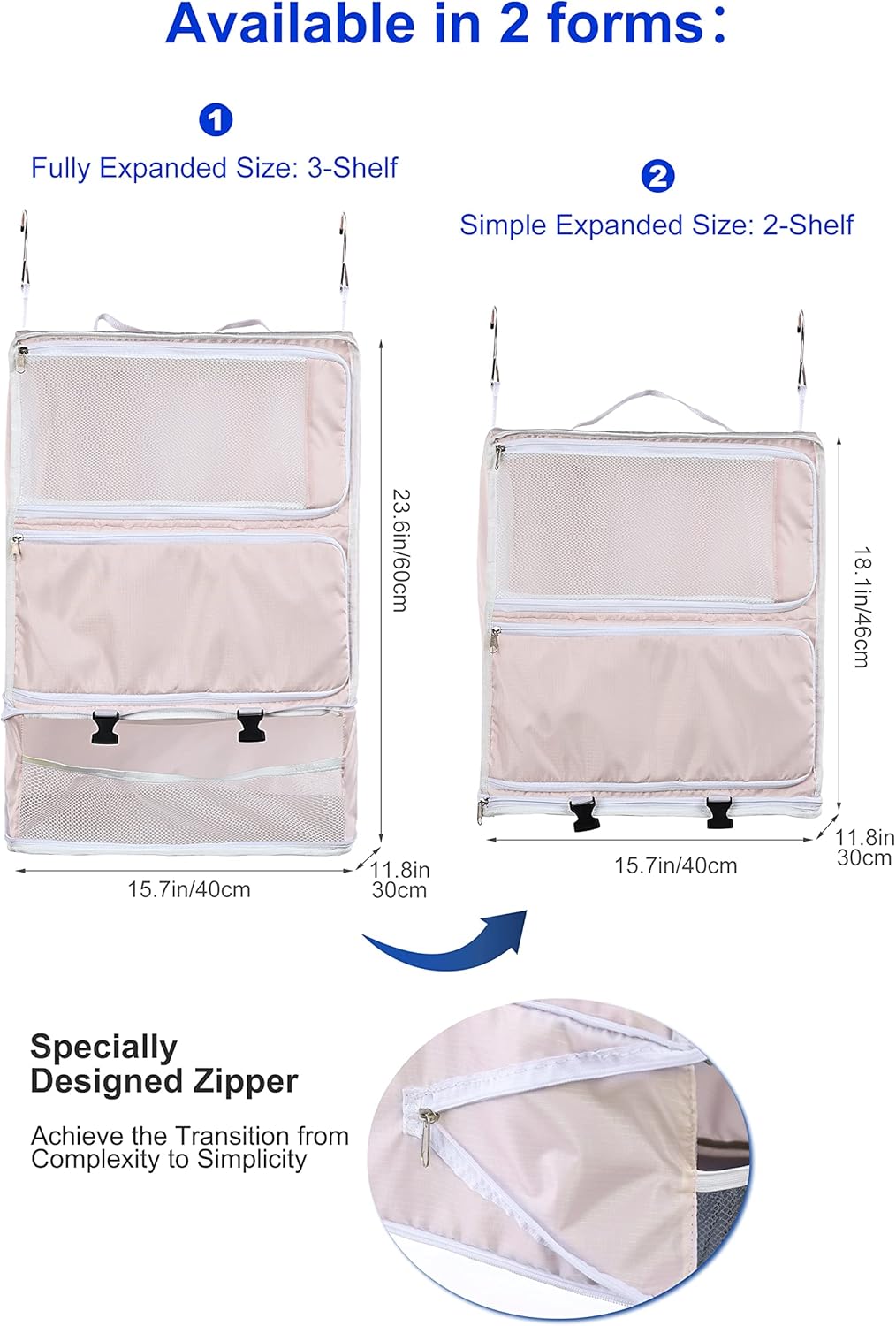 Hanging Packing Cubes Portable Closet 3-Shelf Travel Collapsible Compression Garment Organizer for Carry-on Luggage Suitcase Space Saver Bag XX-Large_No Side Pockets, Black