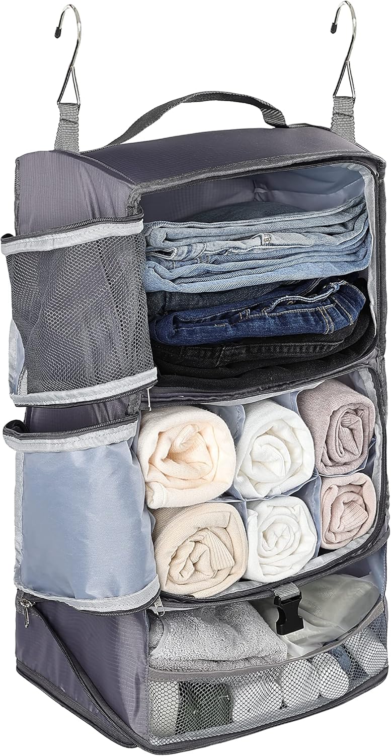 Hanging Packing Cubes Portable Closet 3-Shelf Travel Collapsible Compression Garment Organizer for Carry-on Luggage Suitcase Space Saver Bag XX-Large_No Side Pockets, Black