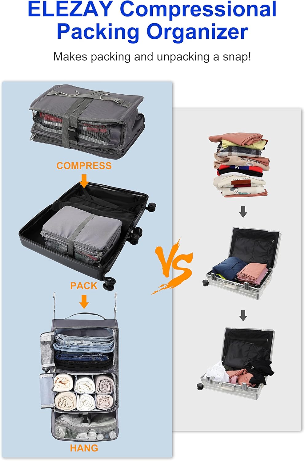 Hanging Packing Cubes Portable Closet 3-Shelf Travel Collapsible Compression Garment Organizer for Carry-on Luggage Suitcase Space Saver Bag XX-Large_No Side Pockets, Black