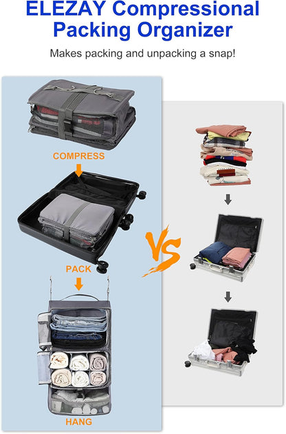 Hanging Packing Cubes Portable Closet 3-Shelf Travel Collapsible Compression Garment Organizer for Carry-on Luggage Suitcase Space Saver Bag XX-Large_No Side Pockets, Black