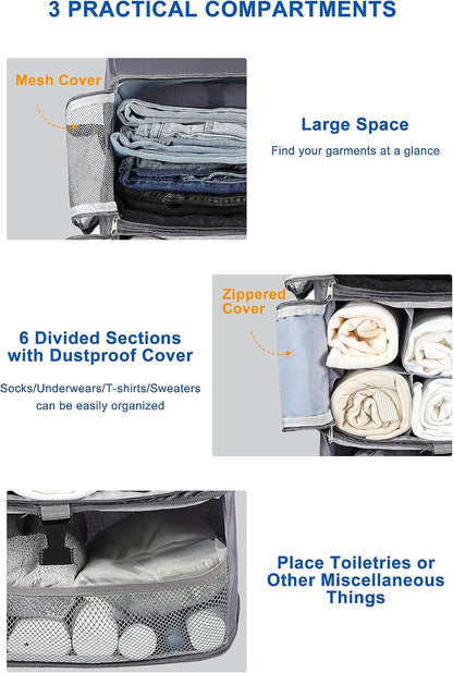 Hanging Packing Cubes Portable Closet 3-Shelf Travel Collapsible Compression Garment Organizer for Carry-on Luggage Suitcase Space Saver Bag XX-Large_No Side Pockets, Black
