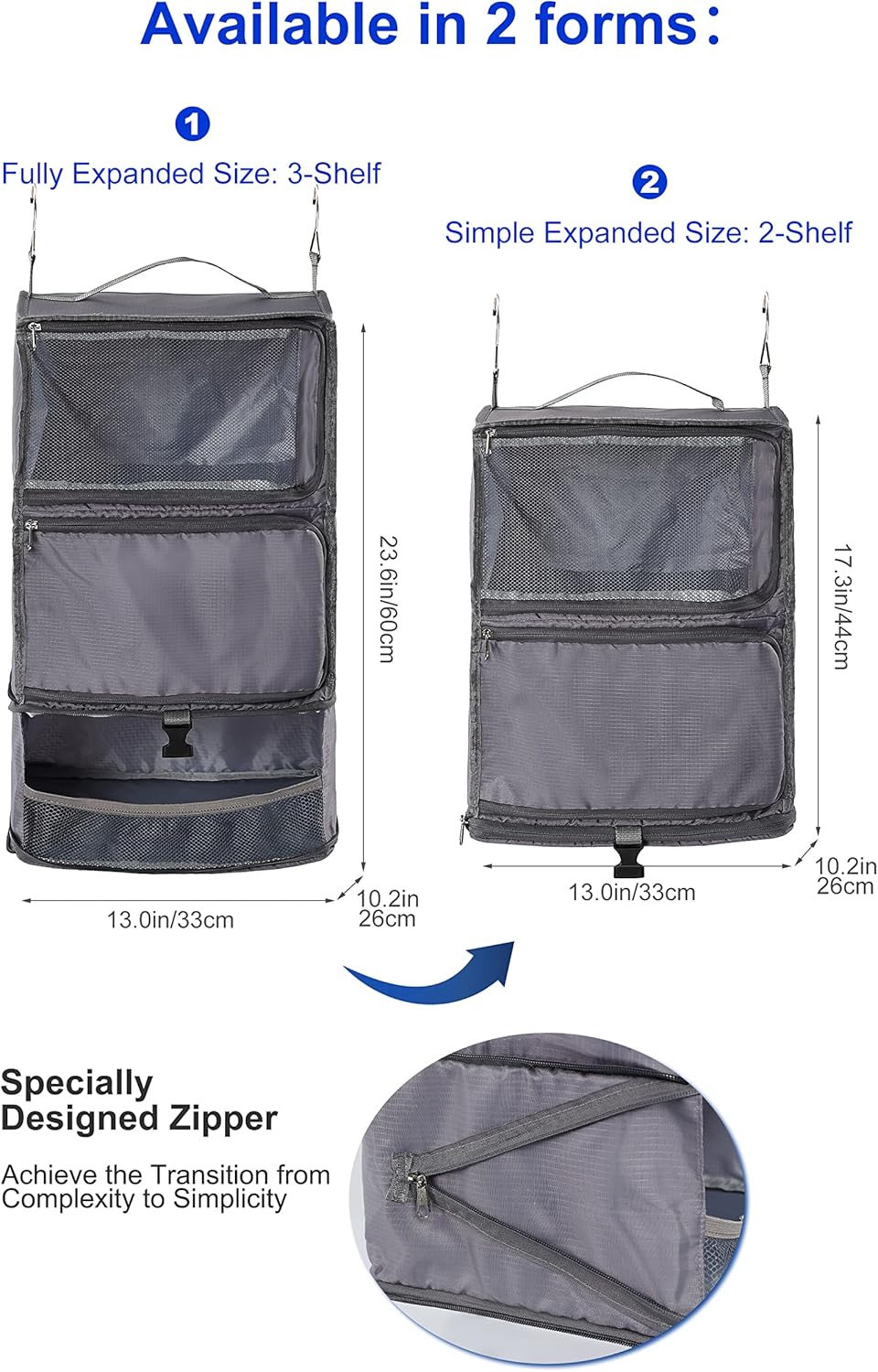 Hanging Packing Cubes Portable Closet 3-Shelf Travel Collapsible Compression Garment Organizer for Carry-on Luggage Suitcase Space Saver Bag XX-Large_No Side Pockets, Black