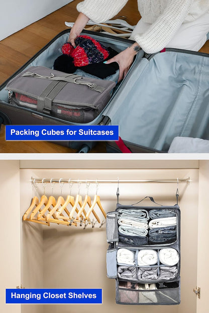 Hanging Packing Cubes Portable Closet 3-Shelf Travel Collapsible Compression Garment Organizer for Carry-on Luggage Suitcase Space Saver Bag XX-Large_No Side Pockets, Black