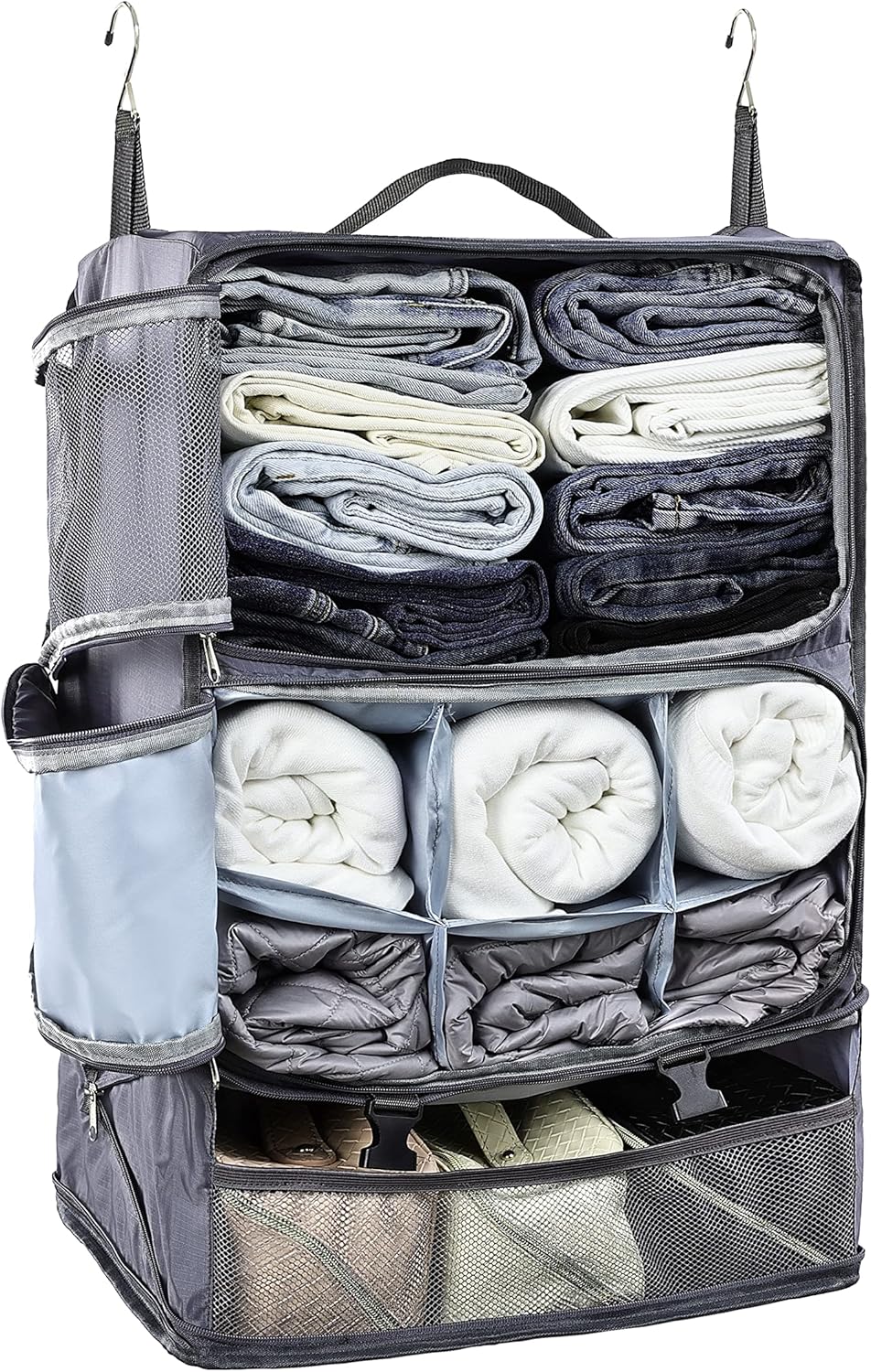Hanging Packing Cubes Portable Closet 3-Shelf Travel Collapsible Compression Garment Organizer for Carry-on Luggage Suitcase Space Saver Bag XX-Large_No Side Pockets, Black