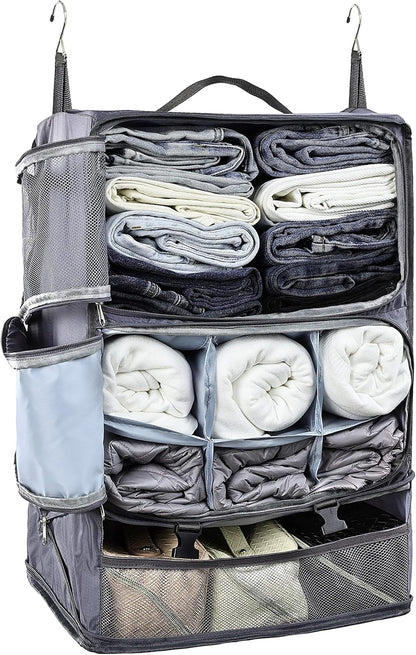 Hanging Packing Cubes Portable Closet 3-Shelf Travel Collapsible Compression Garment Organizer for Carry-on Luggage Suitcase Space Saver Bag XX-Large_No Side Pockets, Black
