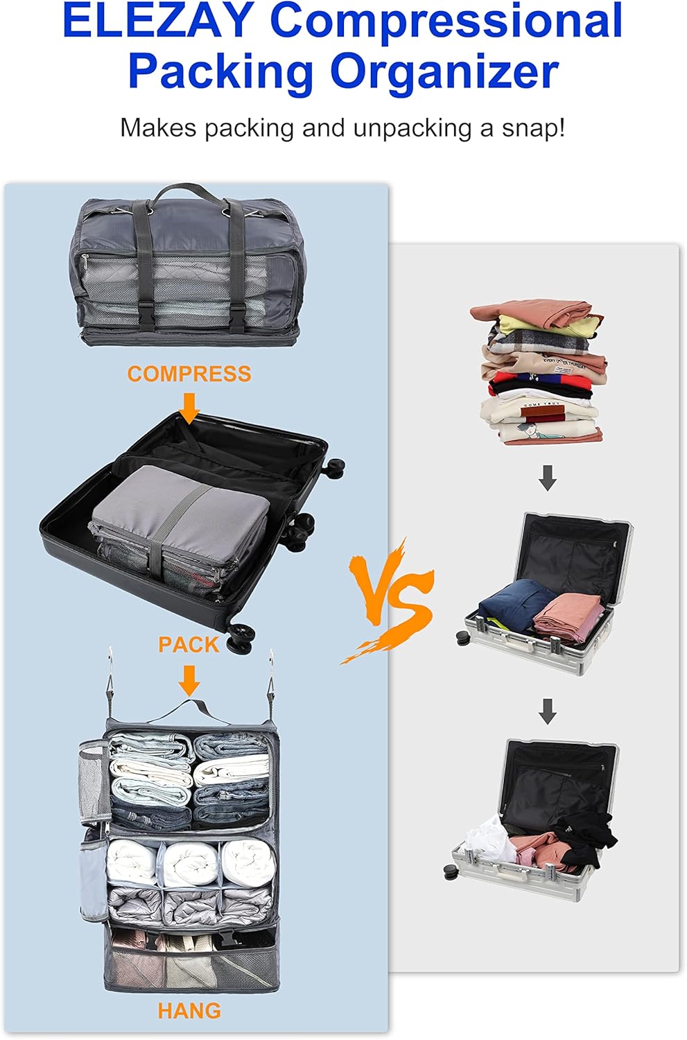 Hanging Packing Cubes Portable Closet 3-Shelf Travel Collapsible Compression Garment Organizer for Carry-on Luggage Suitcase Space Saver Bag XX-Large_No Side Pockets, Black