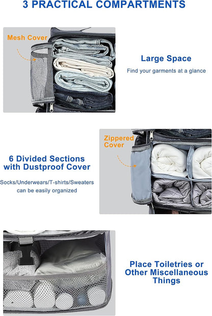 Hanging Packing Cubes Portable Closet 3-Shelf Travel Collapsible Compression Garment Organizer for Carry-on Luggage Suitcase Space Saver Bag XX-Large_No Side Pockets, Black