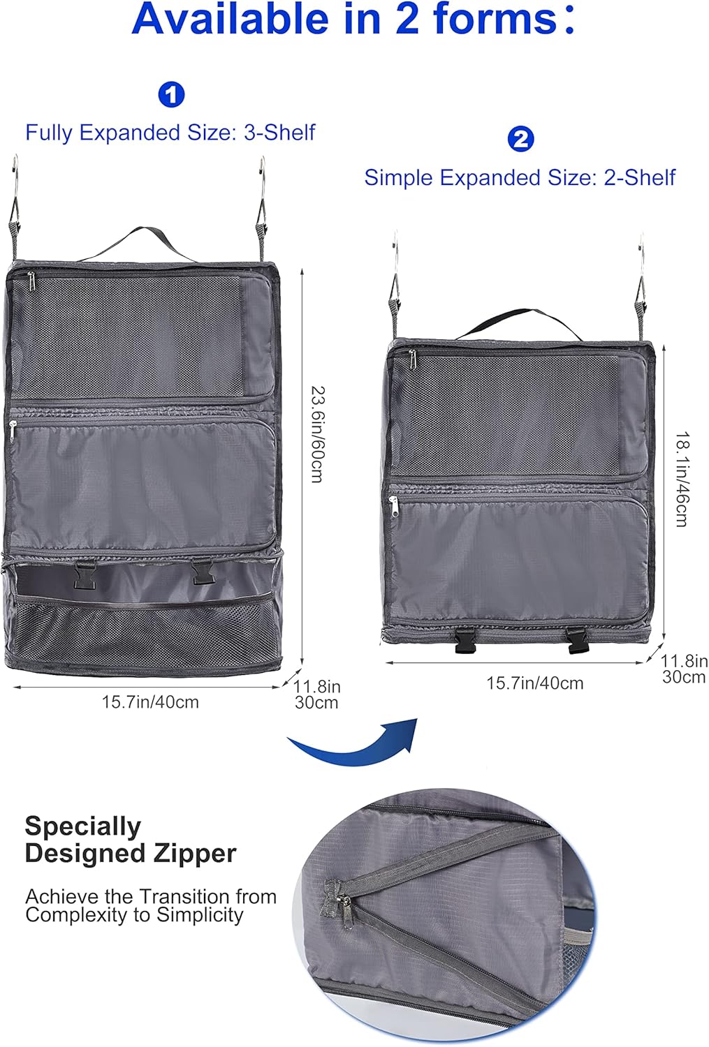 Hanging Packing Cubes Portable Closet 3-Shelf Travel Collapsible Compression Garment Organizer for Carry-on Luggage Suitcase Space Saver Bag XX-Large_No Side Pockets, Black