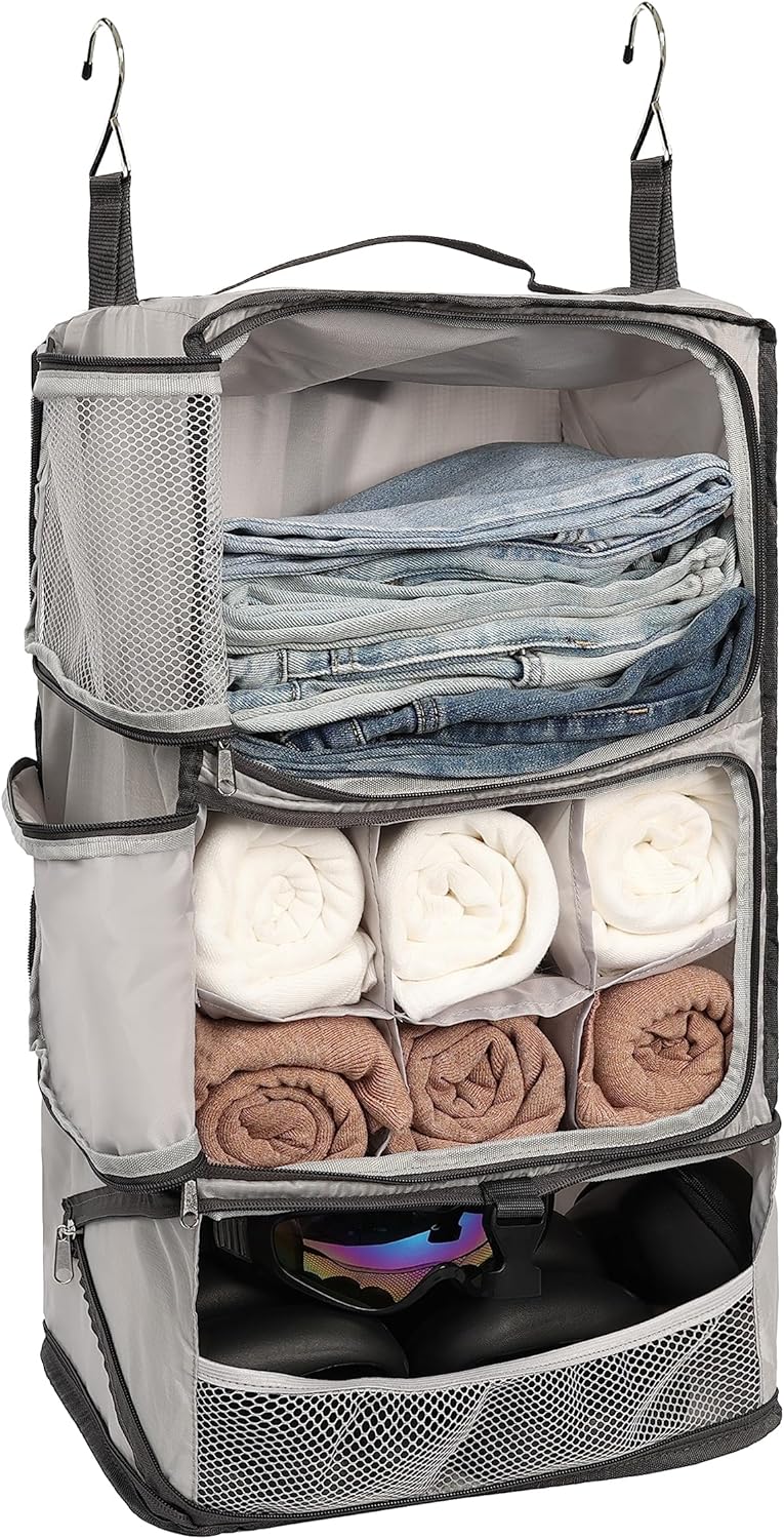 Hanging Packing Cubes Portable Closet 3-Shelf Travel Collapsible Compression Garment Organizer for Carry-on Luggage Suitcase Space Saver Bag XX-Large_No Side Pockets, Black