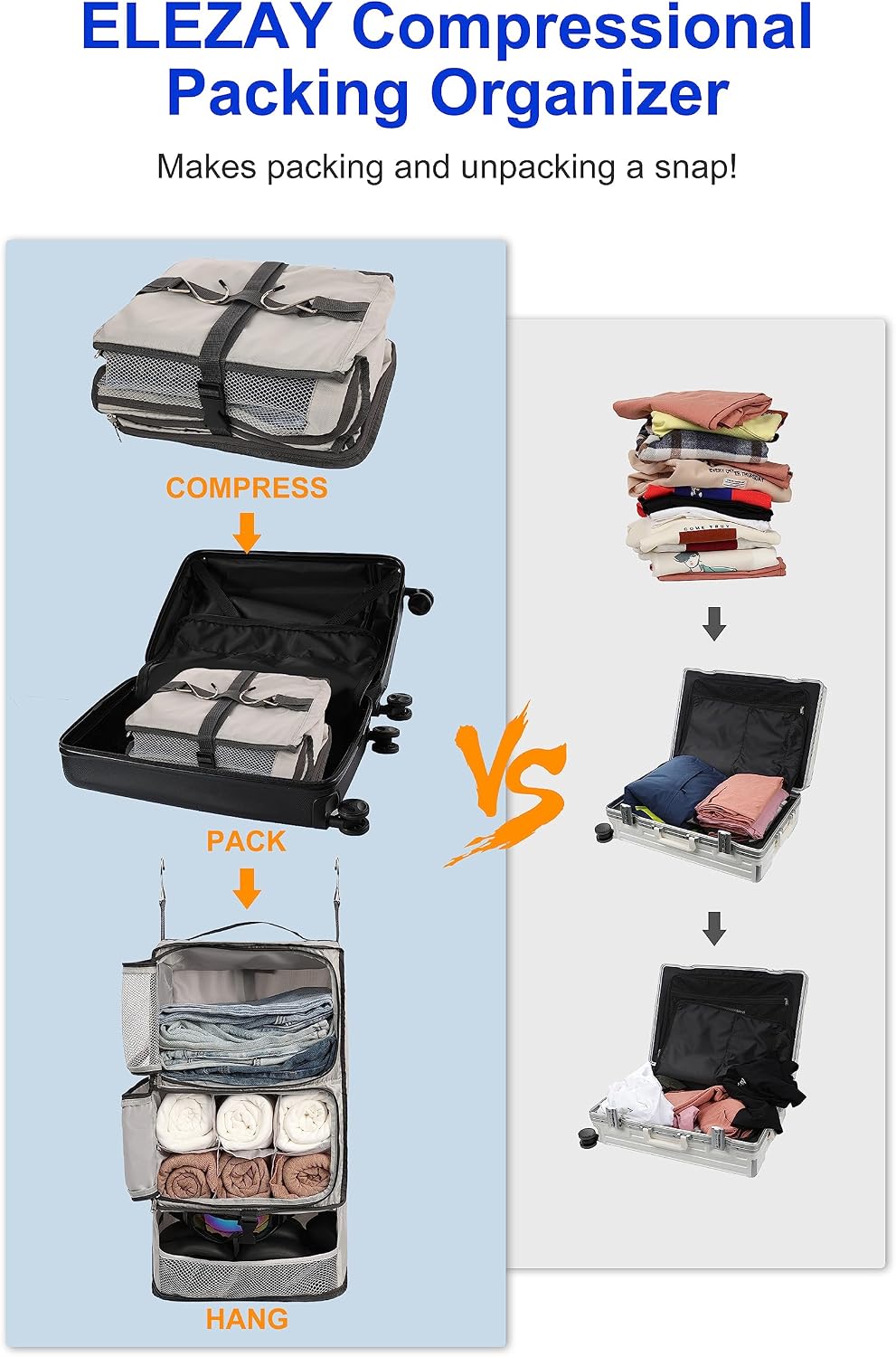 Hanging Packing Cubes Portable Closet 3-Shelf Travel Collapsible Compression Garment Organizer for Carry-on Luggage Suitcase Space Saver Bag XX-Large_No Side Pockets, Black