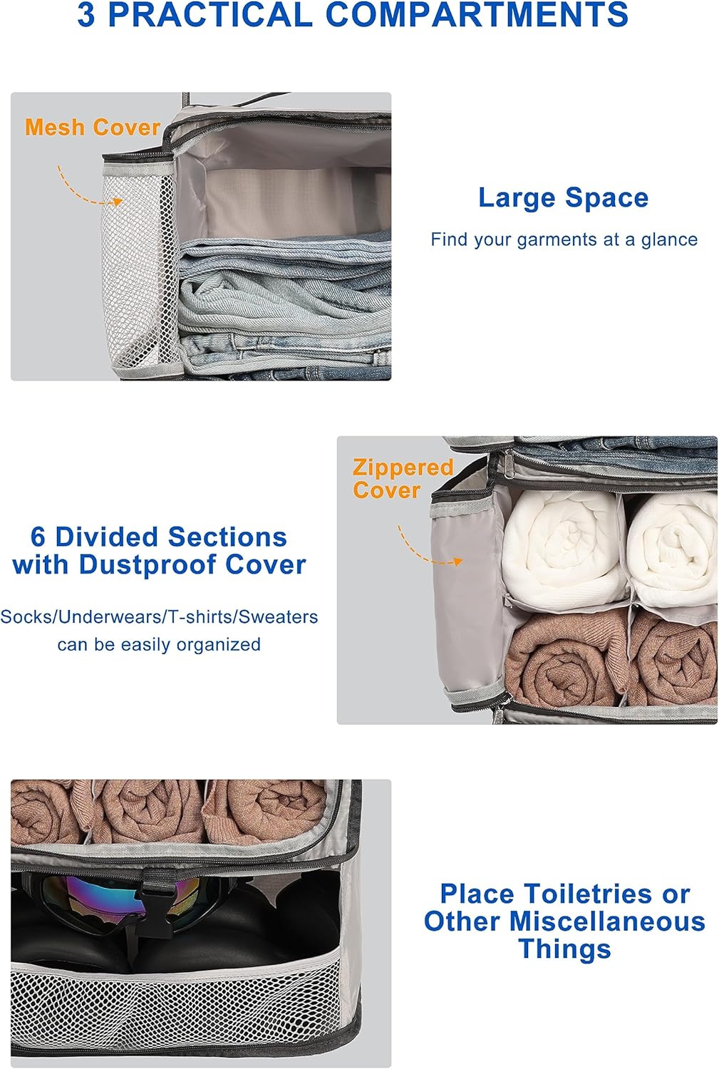 Hanging Packing Cubes Portable Closet 3-Shelf Travel Collapsible Compression Garment Organizer for Carry-on Luggage Suitcase Space Saver Bag XX-Large_No Side Pockets, Black