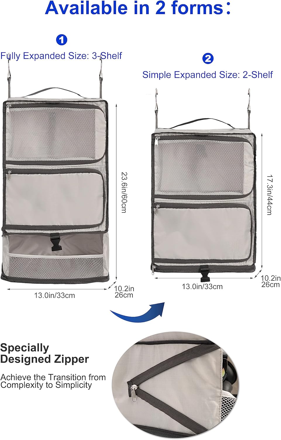 Hanging Packing Cubes Portable Closet 3-Shelf Travel Collapsible Compression Garment Organizer for Carry-on Luggage Suitcase Space Saver Bag XX-Large_No Side Pockets, Black