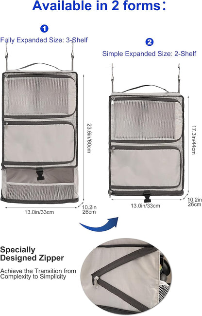 Hanging Packing Cubes Portable Closet 3-Shelf Travel Collapsible Compression Garment Organizer for Carry-on Luggage Suitcase Space Saver Bag XX-Large_No Side Pockets, Black