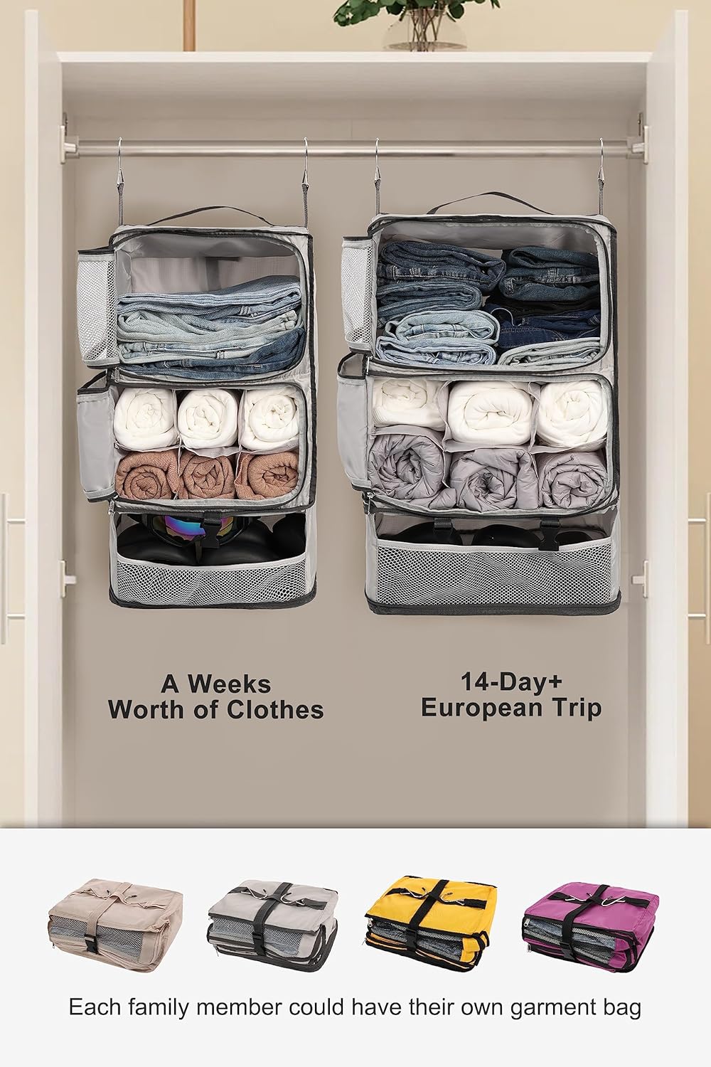 Hanging Packing Cubes Portable Closet 3-Shelf Travel Collapsible Compression Garment Organizer for Carry-on Luggage Suitcase Space Saver Bag XX-Large_No Side Pockets, Black