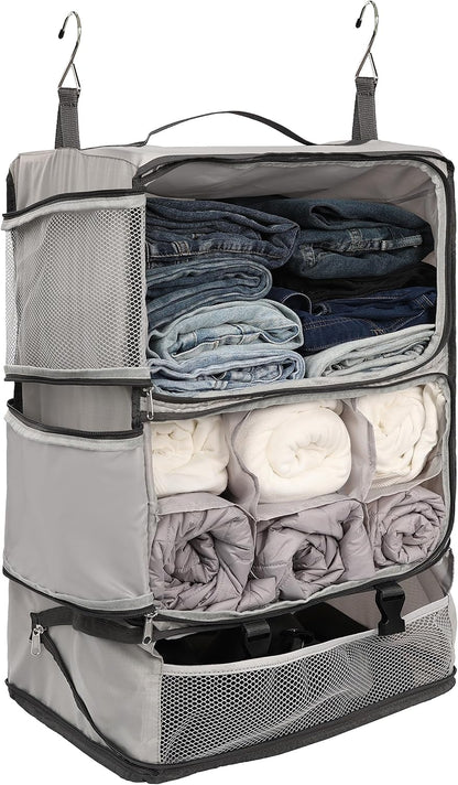 Hanging Packing Cubes Portable Closet 3-Shelf Travel Collapsible Compression Garment Organizer for Carry-on Luggage Suitcase Space Saver Bag XX-Large_No Side Pockets, Black