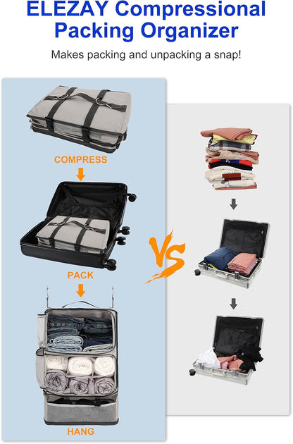 Hanging Packing Cubes Portable Closet 3-Shelf Travel Collapsible Compression Garment Organizer for Carry-on Luggage Suitcase Space Saver Bag XX-Large_No Side Pockets, Black