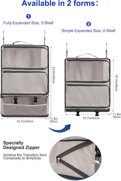 Hanging Packing Cubes Portable Closet 3-Shelf Travel Collapsible Compression Garment Organizer for Carry-on Luggage Suitcase Space Saver Bag XX-Large_No Side Pockets, Black