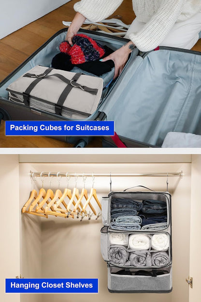 Hanging Packing Cubes Portable Closet 3-Shelf Travel Collapsible Compression Garment Organizer for Carry-on Luggage Suitcase Space Saver Bag XX-Large_No Side Pockets, Black