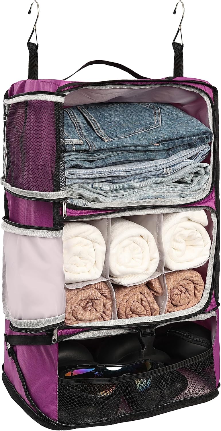 Hanging Packing Cubes Portable Closet 3-Shelf Travel Collapsible Compression Garment Organizer for Carry-on Luggage Suitcase Space Saver Bag XX-Large_No Side Pockets, Black