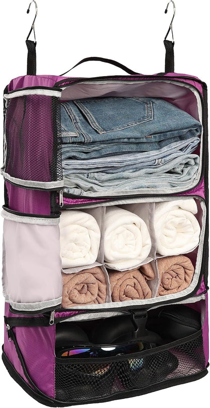 Hanging Packing Cubes Portable Closet 3-Shelf Travel Collapsible Compression Garment Organizer for Carry-on Luggage Suitcase Space Saver Bag XX-Large_No Side Pockets, Black