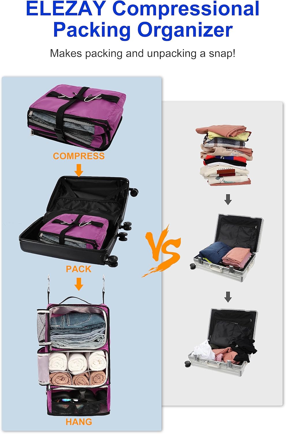 Hanging Packing Cubes Portable Closet 3-Shelf Travel Collapsible Compression Garment Organizer for Carry-on Luggage Suitcase Space Saver Bag XX-Large_No Side Pockets, Black