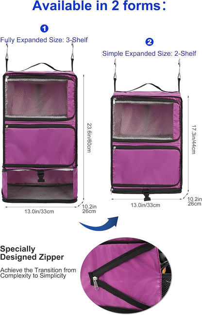 Hanging Packing Cubes Portable Closet 3-Shelf Travel Collapsible Compression Garment Organizer for Carry-on Luggage Suitcase Space Saver Bag XX-Large_No Side Pockets, Black