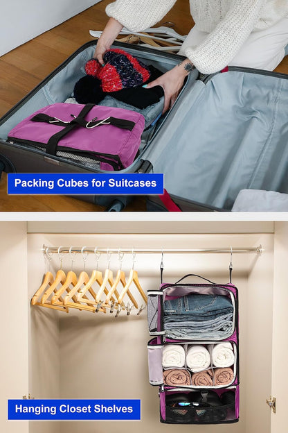 Hanging Packing Cubes Portable Closet 3-Shelf Travel Collapsible Compression Garment Organizer for Carry-on Luggage Suitcase Space Saver Bag XX-Large_No Side Pockets, Black