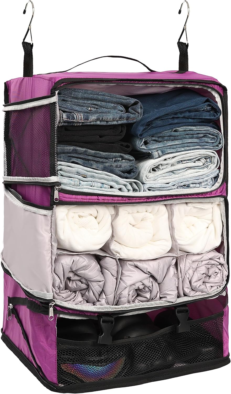 Hanging Packing Cubes Portable Closet 3-Shelf Travel Collapsible Compression Garment Organizer for Carry-on Luggage Suitcase Space Saver Bag XX-Large_No Side Pockets, Black