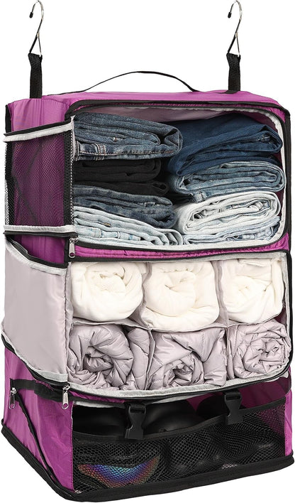 Hanging Packing Cubes Portable Closet 3-Shelf Travel Collapsible Compression Garment Organizer for Carry-on Luggage Suitcase Space Saver Bag XX-Large_No Side Pockets, Black