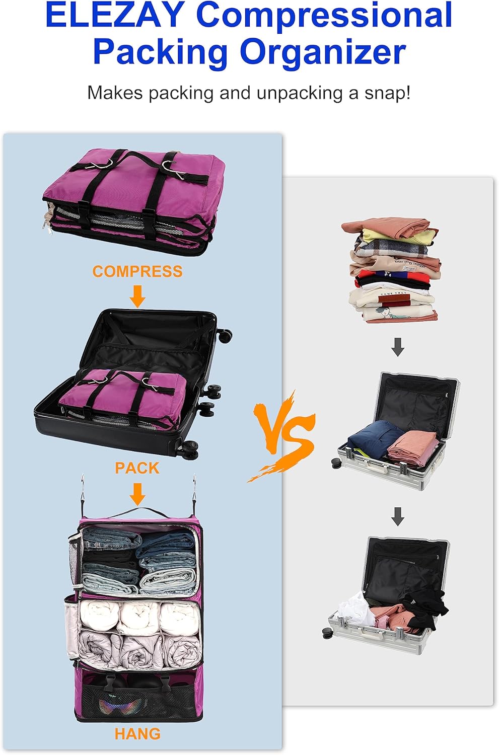 Hanging Packing Cubes Portable Closet 3-Shelf Travel Collapsible Compression Garment Organizer for Carry-on Luggage Suitcase Space Saver Bag XX-Large_No Side Pockets, Black