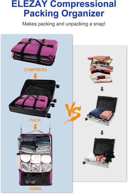 Hanging Packing Cubes Portable Closet 3-Shelf Travel Collapsible Compression Garment Organizer for Carry-on Luggage Suitcase Space Saver Bag XX-Large_No Side Pockets, Black