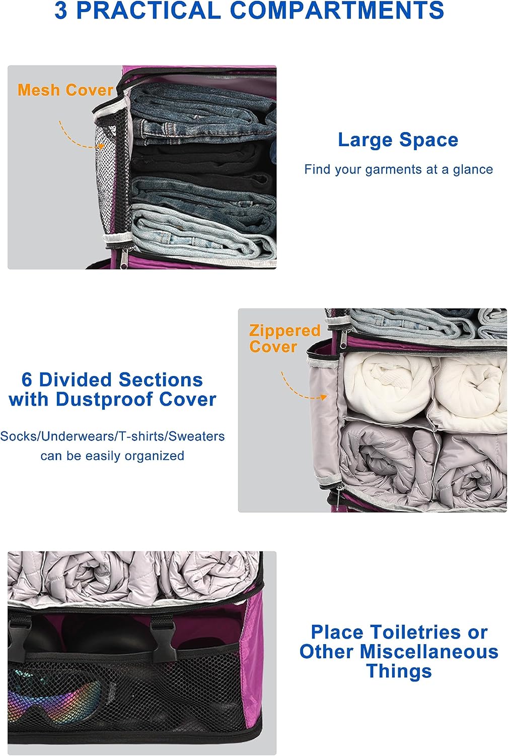Hanging Packing Cubes Portable Closet 3-Shelf Travel Collapsible Compression Garment Organizer for Carry-on Luggage Suitcase Space Saver Bag XX-Large_No Side Pockets, Black