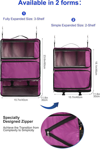 Hanging Packing Cubes Portable Closet 3-Shelf Travel Collapsible Compression Garment Organizer for Carry-on Luggage Suitcase Space Saver Bag XX-Large_No Side Pockets, Black