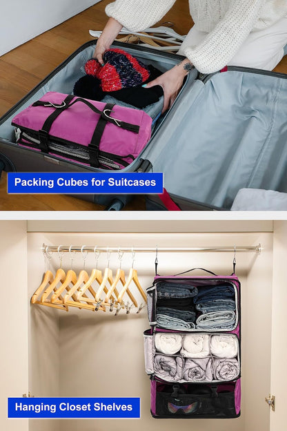 Hanging Packing Cubes Portable Closet 3-Shelf Travel Collapsible Compression Garment Organizer for Carry-on Luggage Suitcase Space Saver Bag XX-Large_No Side Pockets, Black